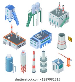 Isometric Industrial Buildings. Factory Building Power Station Industrial Zone Equipment 3d Isolated Vector Set