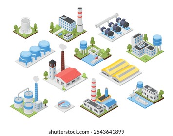 Edifícios industriais isométricos. Fábrica, plantas construindo com tubos e escadas. Vários depósitos de chaminés de tanques. Elementos de vetor de indústria impecáveis