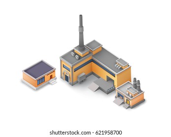 Isometric industrial buildings set with manufacturing warehouse objects on white background isolated vector illustration