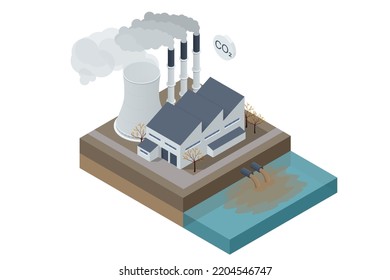 Isometric industrial chimneys with heavy smoke causing air pollution. Environment Polluted by CO2 Emission. Climate hange roblem, health care for people and animals