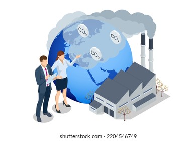 Isometric industrial chimneys with heavy smoke causing air pollution. Environment Polluted by CO2 Emission. Climate hange roblem, health care for people and animals