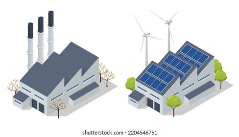 Isometrische Industriekamine mit starkem Rauch, die Luftverschmutzung verursachen. Umwelt, die durch CO2-Emissionen verschmutzt wird. Klimawandel, Gesundheitsfürsorge für Menschen und Tiere