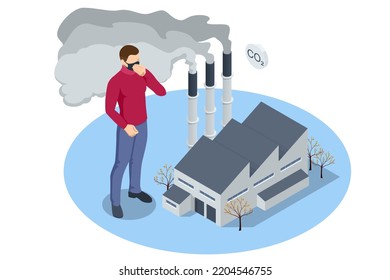 Isometric industrial chimneys with heavy smoke causing air pollution. Environment Polluted by CO2 Emission. Climate hange roblem, health care for people and animals