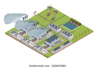 Isometric industrial chimneys with heavy smoke causing air pollution. Environment Polluted by CO2 Emission. Climate hange roblem, health care for people and animals.