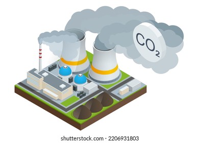 Isometrische Industriekamine mit starkem Rauch, die Luftverschmutzung verursachen. Umwelt, die durch CO2-Emissionen verschmutzt wird. Klimaveränderungsproblem, Gesundheitsfürsorge für Mensch und Tier.