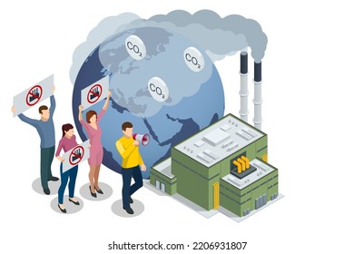 Isometric industrial chimneys with heavy smoke causing air pollution. Environment Polluted by CO2 Emission. Climate hange roblem, health care for people and animals.