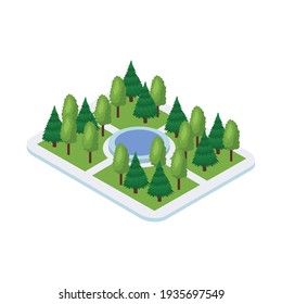 Isometric Industrial City Composition With View Of Park With Trees Lanes And Round Lake Vector Illustration