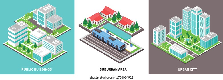 Isometric industrial city design concept with set of square compositions with modern town blocks and transport vector illustration