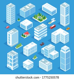 Isometric industrial city set with isolated icons and images of modern buildings with gardens and transport vector illustration