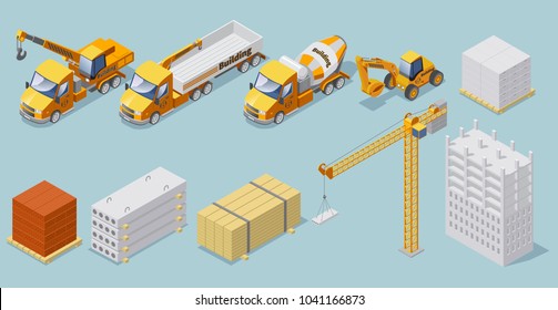 Isometric industrial construction collection with building materials crane concrete mixer heavy cargo trucks mini excavator isolated vector illustration