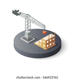 Isometric industrial crane icon for construction. Object clearing services for the building work 