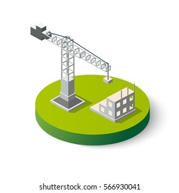 Isometric industrial crane icon for construction. Object clearing services for the building work