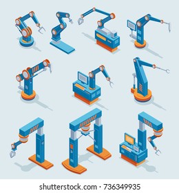 Isometric industrial factory automation elements set with different robotic automated mechanical arms isolated vector illustration