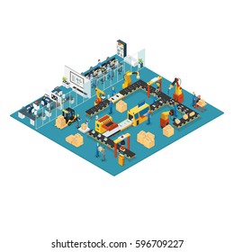 Isometric industrial factory concept with office workspace automated manufacturing line robotic arms and machinery vector illustration