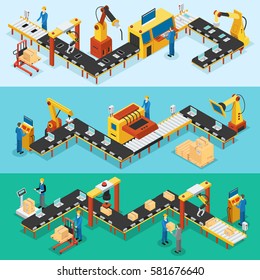 Banners horizontales de fábricas industriales isométricas con líneas automatizadas de montaje de producción y procesos de envasado ilustración vectorial