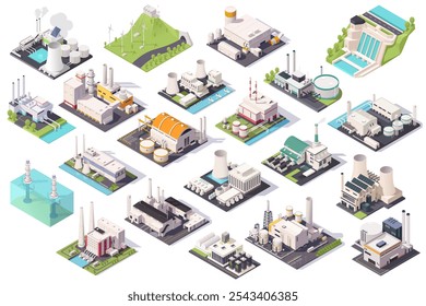 Conjunto de fábrica industrial isométrica que muestra varias estructuras e instalaciones. Ilustración vectorial