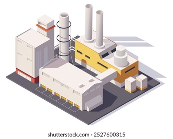 Fábrica industrial isométrica com chaminés e edifícios. Ilustração vetorial