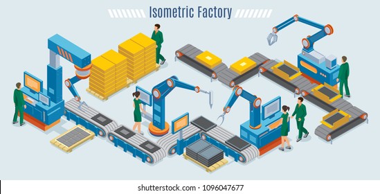 Isometric industrial factory template with assembly line automated robotic arms and workers monitoring conveyor belt isolated vector illustration 