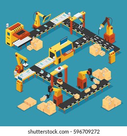 Isometric industrial factory template with automated production line robotic arms welding and packaging machinery vector illustration