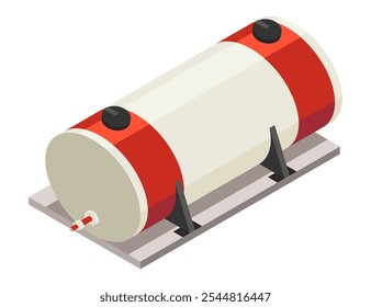 Isometric industrial fuel tank. Vector red and white storage cylinder for oil, fuel, water and gas