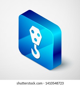 Isometric Industrial hook icon isolated on white background. Crane hook icon. Blue square button. Vector Illustration