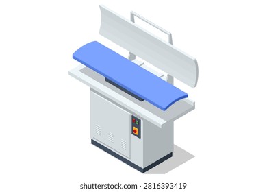 Isometric industrial ironing press machine isolated on white background. Professional laundry and dry cleaning equipment for garment finishing, textile care and commercial fabric pressing service