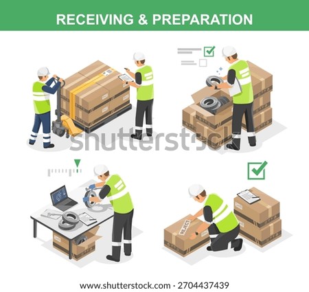 isometric Industrial ISO quality workflow showing warehouse workers inspecting incoming materials and documenting receiving processes to ensure reliable preparation standards
