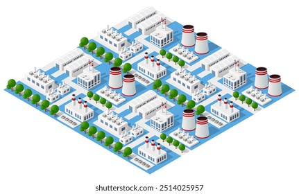 Isometric industrial landscape with many factories, plants, warehouses, and other industrial buildings