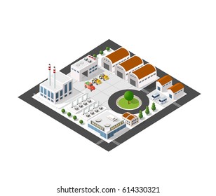 Isometric industrial landscape of the plant top view with streets, houses, warehouses, hangars