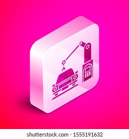 Isometric Industrial machine robotic robot arm hand on car factory icon isolated on pink background. Industrial automation production automobile. Silver square button. Vector Illustration