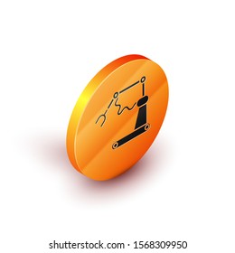 Isometric Industrial machine robotic robot arm hand factory icon isolated on white background. Industrial robot manipulator. Orange circle button. Vector Illustration