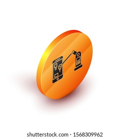 Isometric Industrial machine robotic robot arm hand on mobile phone factory icon isolated on white background. Industrial robot manipulator. Orange circle button. Vector Illustration