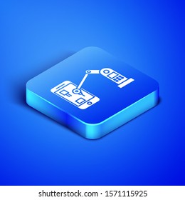 Isometric Industrial machine robotic robot arm hand on mobile phone factory icon isolated on blue background. Industrial robot manipulator. Blue square button. Vector Illustration
