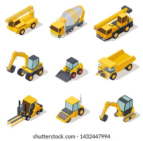 Isometric industrial machinery. 3d construction equipment truck vehicle power tools heavy machine excavator bulldozer map vector set. Illustration of bulldozer machinery, machine construction