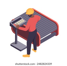 Isometrische industrielle Maschinen. Ingenieur neben der Schalttafel schaltet automatisiertes Förderband ein. Ikone mit moderner Ausrüstung für die Herstellung. 3D-Vektorillustration isoliert auf weißem Hintergrund
