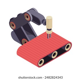 Isometric industrial machinery. Icon with automated robotic arm and conveyor belt for production and manufacturing. Modern equipment for factory. 3D vector illustration isolated on white background