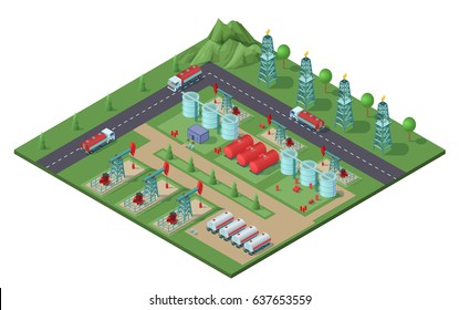 Isometric industrial oil field plant concept with drilling rigs trucks tanks of petroleum electric towers vector illustration
