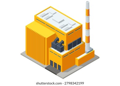 Isometric industrial plant complex with factory building, storage tank, road and truck in a fenced zone. Modern energy infrastructure illustration shows heavy industry, utility service and production