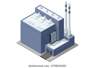 Isometric industrial plant complex with factory building, storage tank, road and truck in a fenced zone. Modern energy infrastructure illustration shows heavy industry, utility service and production