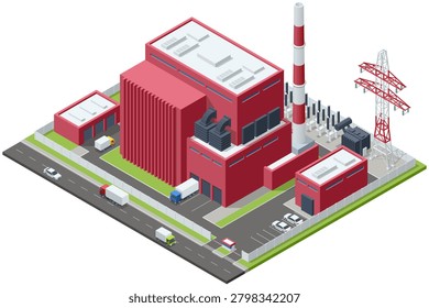 Isometric industrial plant complex with factory building, storage tank, road and truck in a fenced zone. Modern energy infrastructure illustration shows heavy industry, utility service and production