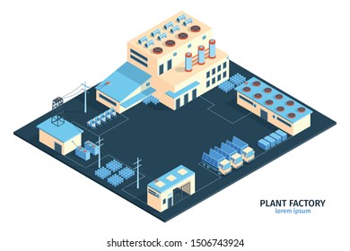 Isometric industrial plant factory composition with editable text and range of plant buildings with cargo trucks vector illustration