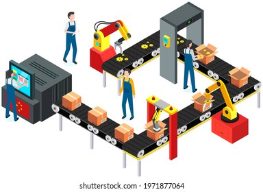 Isometric industrial production line packaging new goods. Conveyor with gears, spare parts passing through metal detector. Man puts parcels in cardboard boxes. Delivery of purchases from china