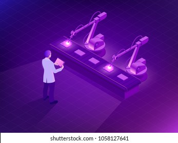 Isometric Industrial robot working in factory. Man holding a tablet with Augmented reality screen software and of automate wireless Robot arm in smart factory background. Vector illustration.