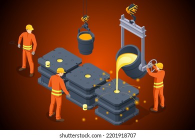 Isometric Industrial Steel Production And Metallurgy. Foundry Metallurgy Processes In Factory Workers. Hot Steel Pouring In Steel Plant Blast Furnace