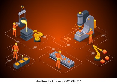 Isometric Industrial Steel Production And Metallurgy. Foundry Metallurgy Processes In Factory Workers. Hot Steel Pouring In Steel Plant Blast Furnace