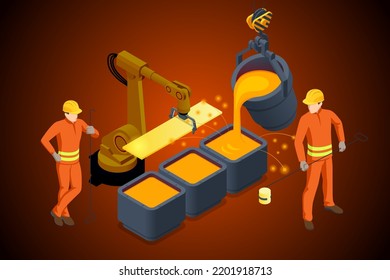 Isometric Industrial Steel Production And Metallurgy. Foundry Metallurgy Processes In Factory Workers. Hot Steel Pouring In Steel Plant Blast Furnace