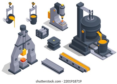 Isometrische Industriestahlproduktion und Metallurgie. Heißstahlgießen in Stahlwerken. Symbole mit automatisierter Anlagenausrüstung. Hochofen