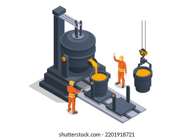 Isometric industrial steel production and metallurgy. Foundry metallurgy processes in factory workers. Hot steel pouring in steel plant Blast furnace