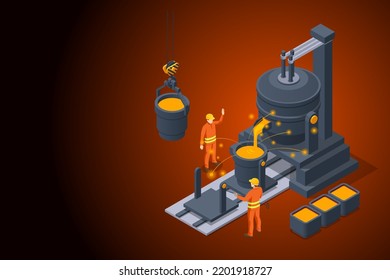 Isometric industrial steel production and metallurgy. Foundry metallurgy processes in factory workers. Hot steel pouring in steel plant Blast furnace
