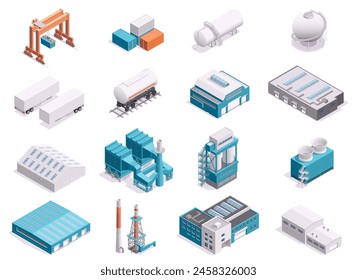 Isometric industrial structures. Warehouse factory hangar silo, industrial estate with buildings and equipment. Vector 3D map of industrial buildings. Equipment for production and storage